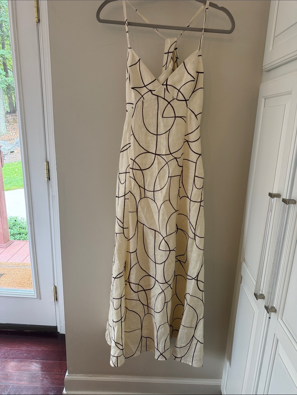 Sleeveless Cream Maxi Dress with Black Abstract Line Pattern